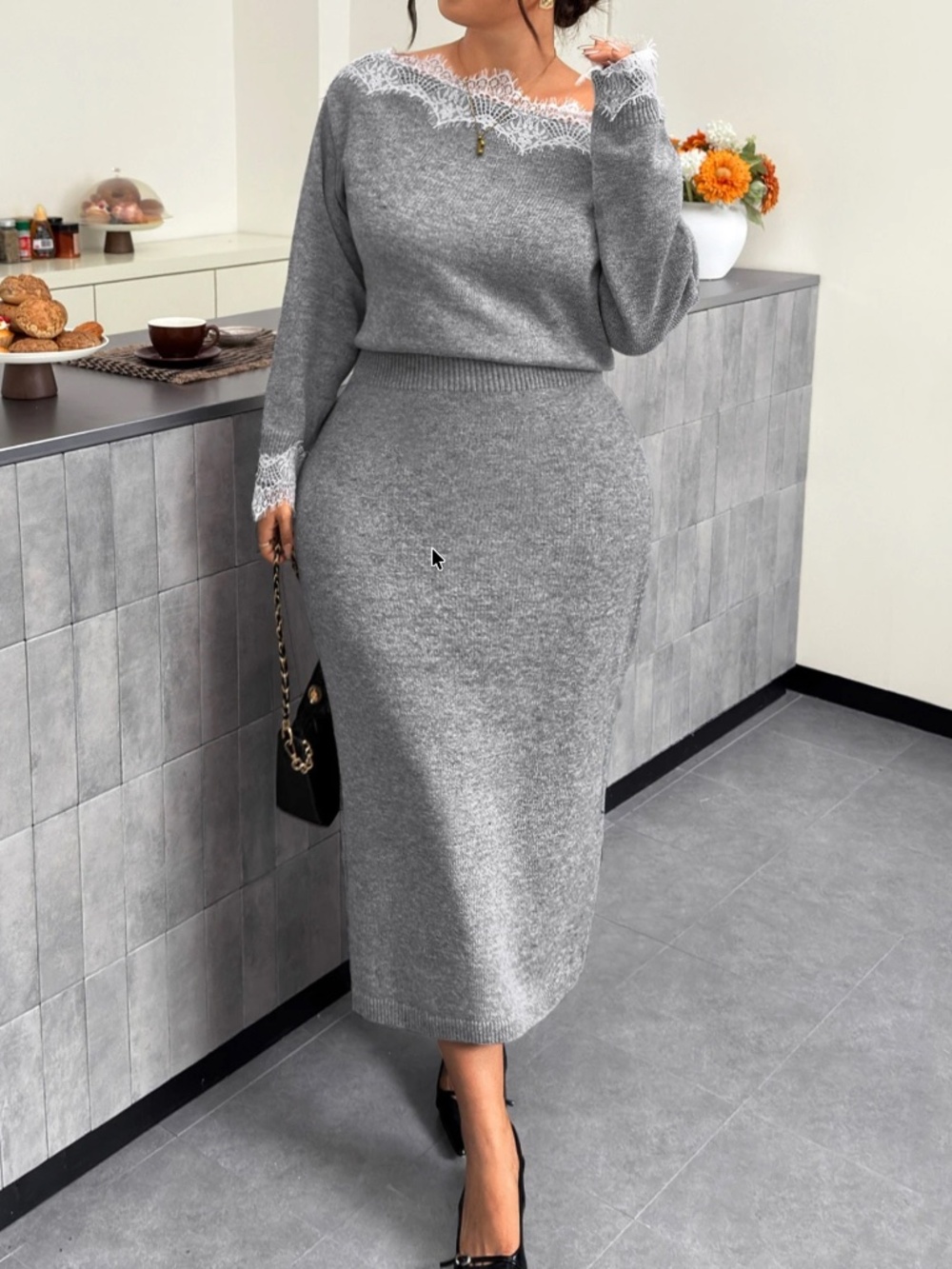 Classic One Shoulder Eyelash lace High Waisted Sweater Dress